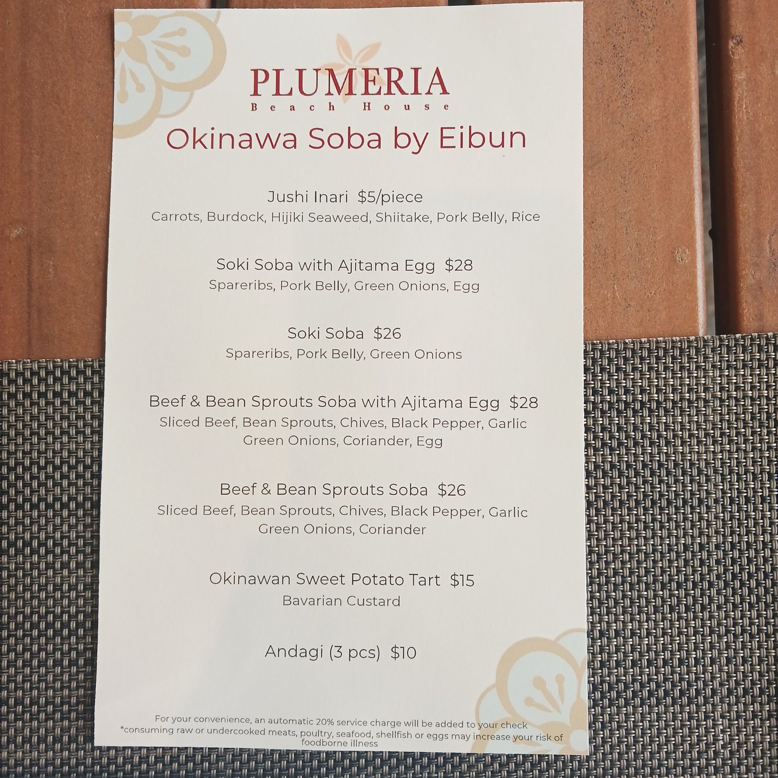 Plumeria Beach House『Okinawa Soba by Eibun』メニュー表